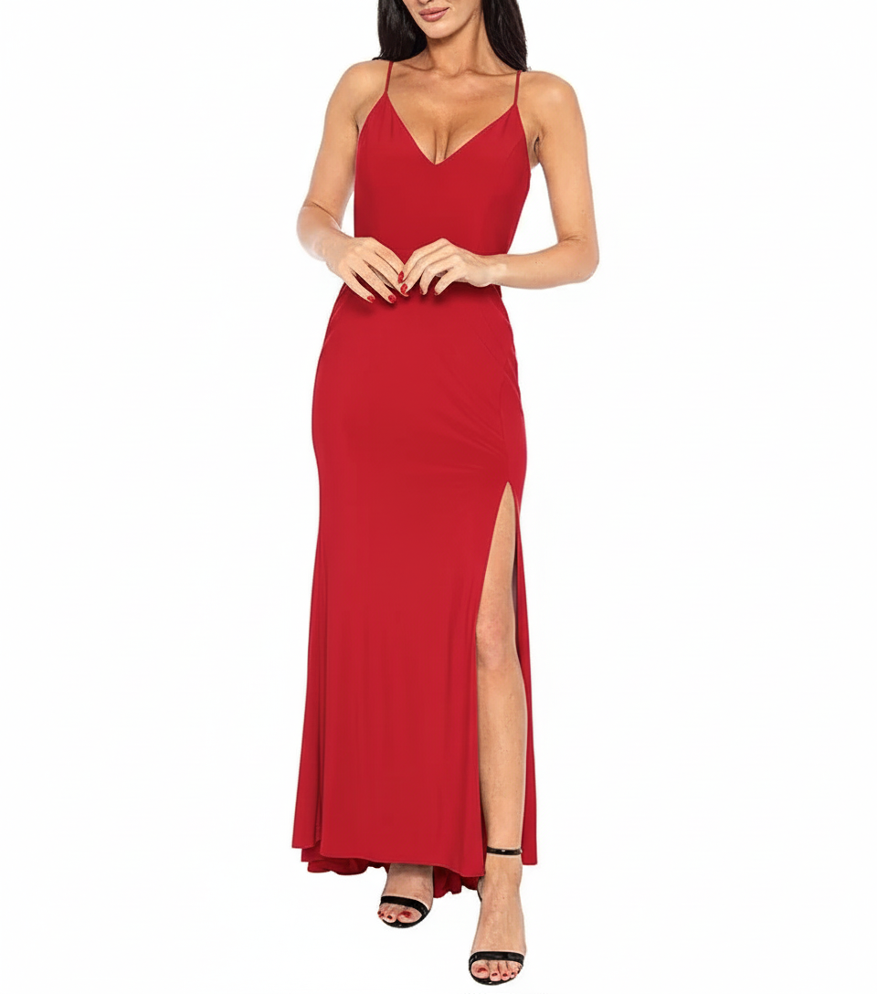 V-Neck Sleeveless Side Slit Long Gown Red - Jump