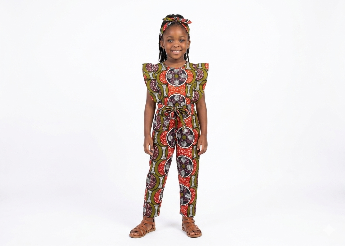 Jumpsuit Niña Verde Oliva-Naranja (Etnia Negra)