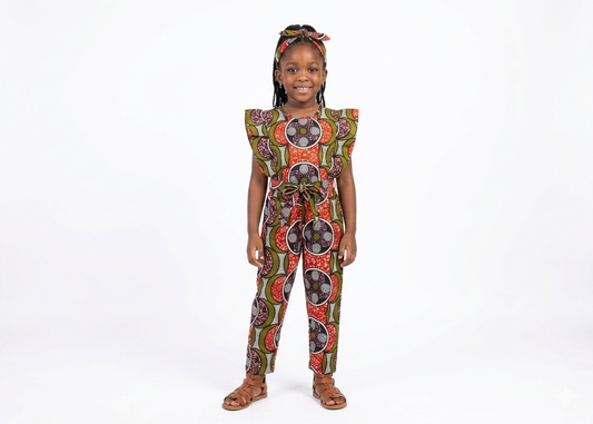 Jumpsuit Niña Verde Oliva-Naranja (Etnia Negra)