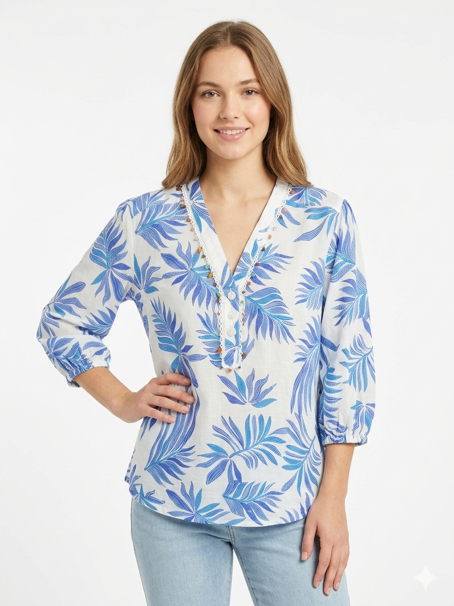 Crochet Trim Henley Blue