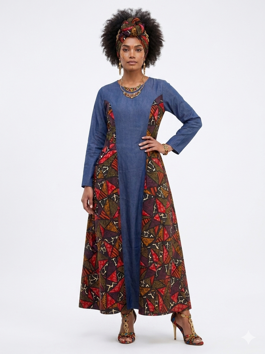 Denim Dress with Printed Patch -Etnia Negra