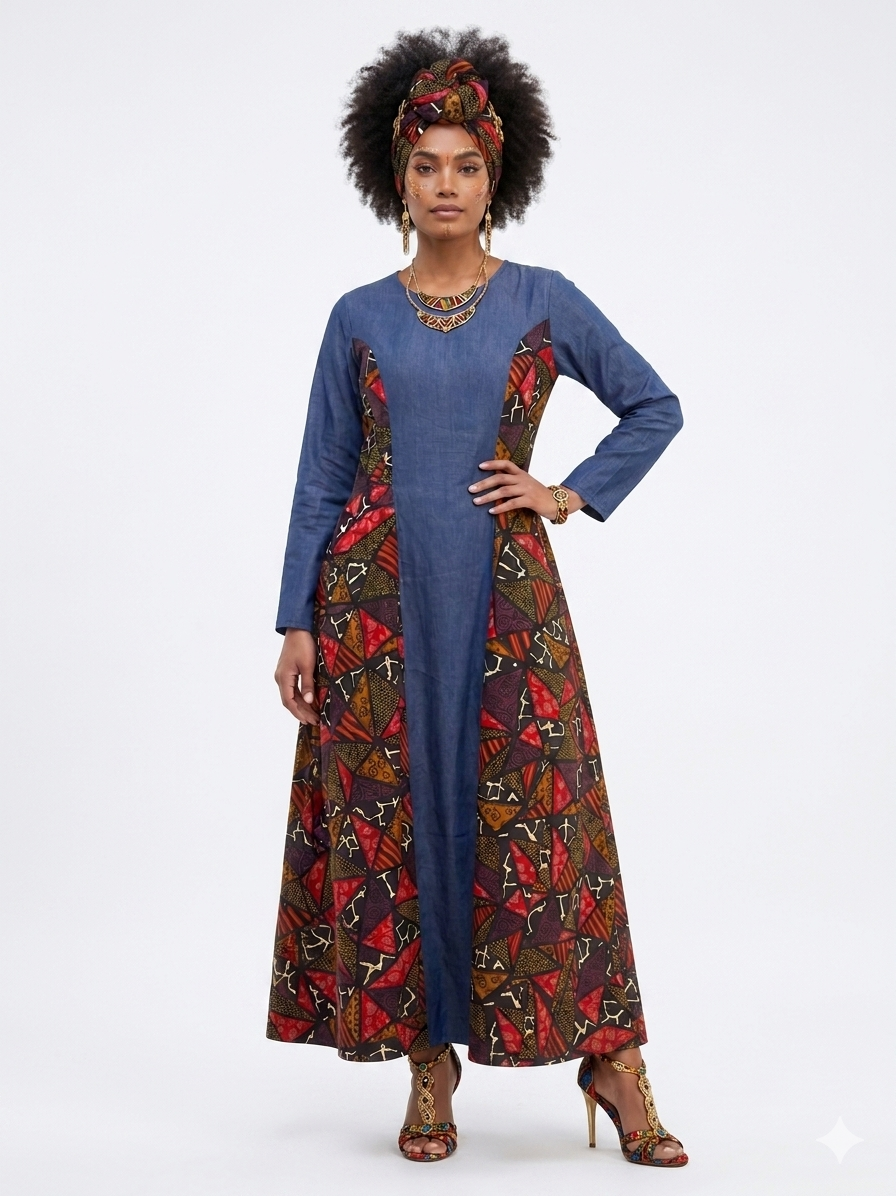 Denim Dress with Printed Patch -Etnia Negra