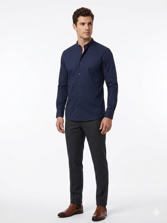 Camisa Color Azul Marino Cuello Mao Caballero
