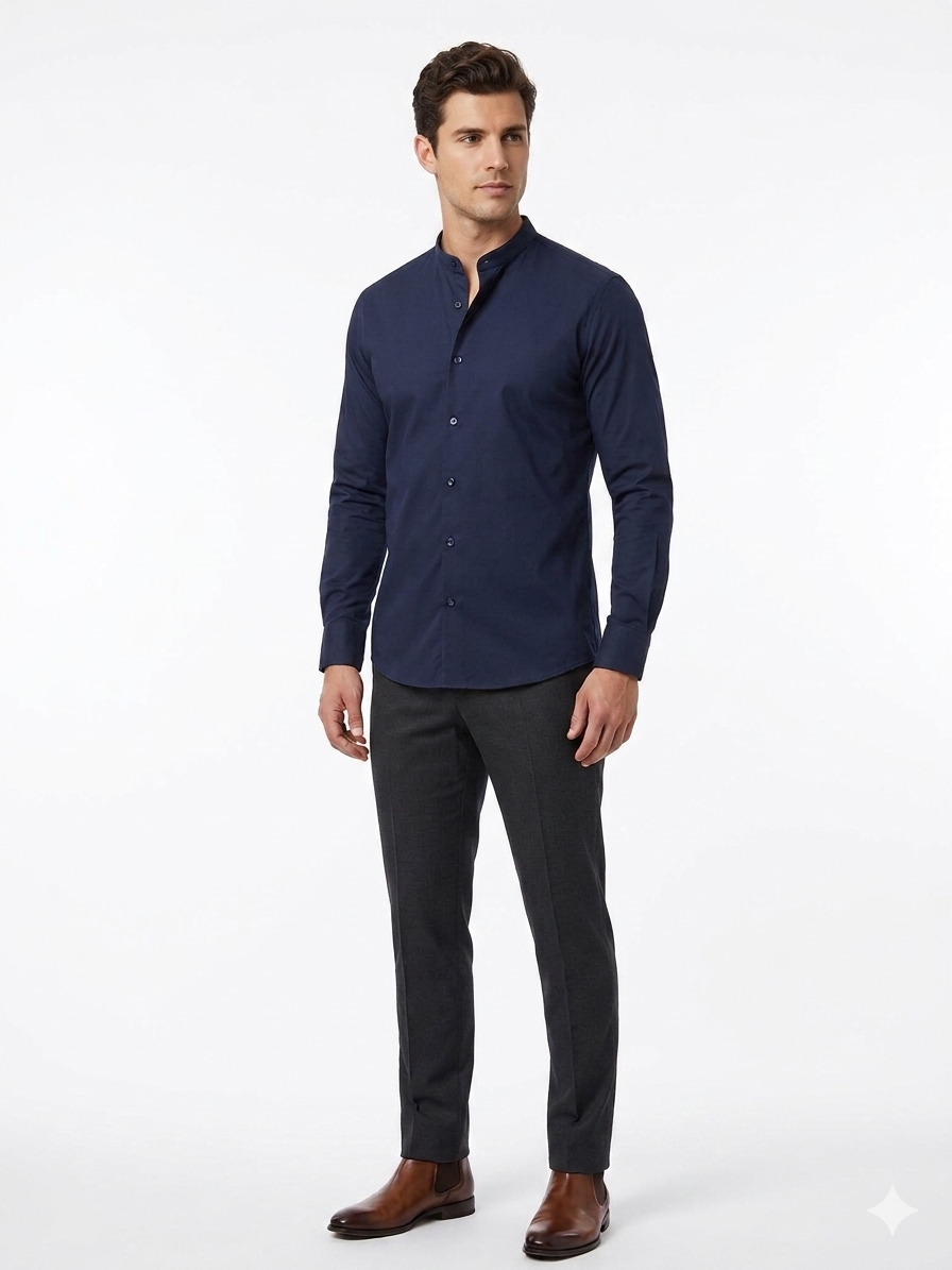 Camisa Color Azul Marino Cuello Mao Caballero