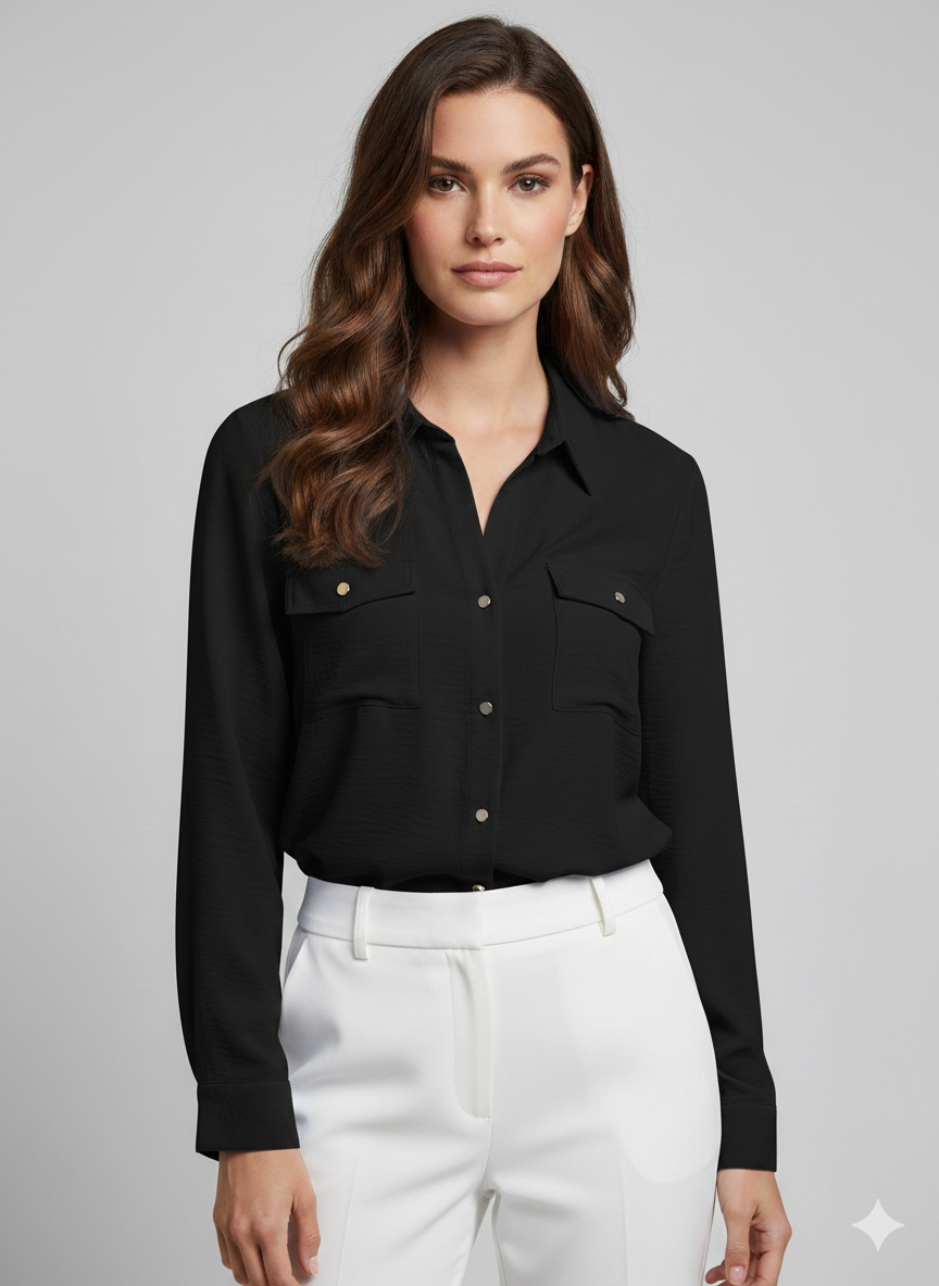 Blouse Solid Gold Button Black - Ninety