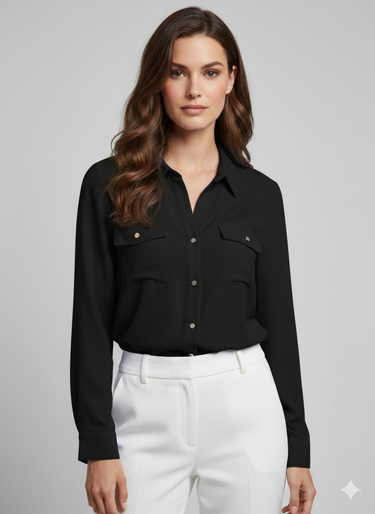 Blouse Solid Gold Button Black - Ninety