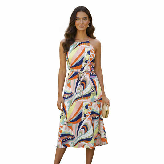 Tie Back Printed Dress Coral