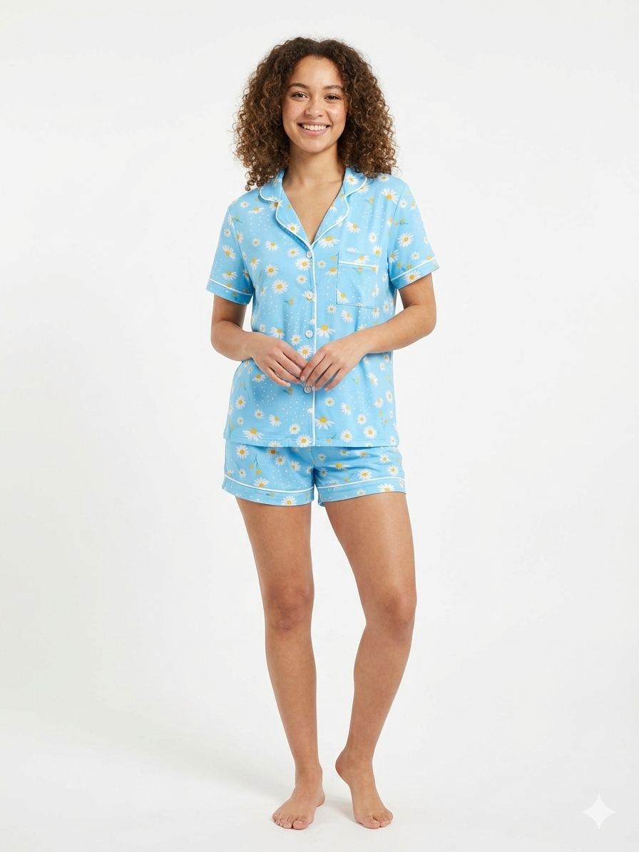 2 PC Short Set Collar Button Front Blue with Sunflowers