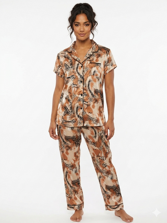 Ladies 2pc Aop  Satin Notch Collar Top / Pant Set , Animal Brown