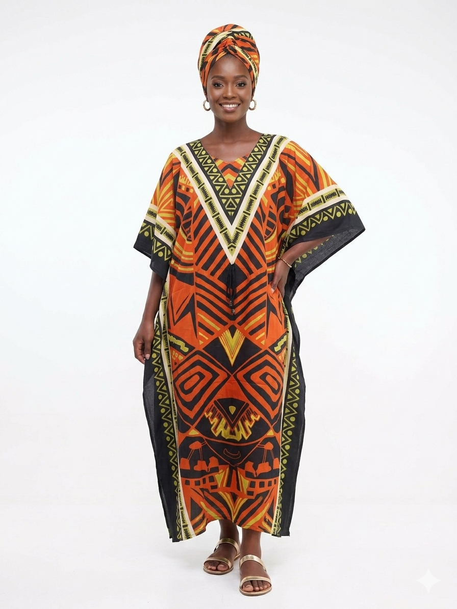 Kaftan Long Orange Print - Etnia Negra