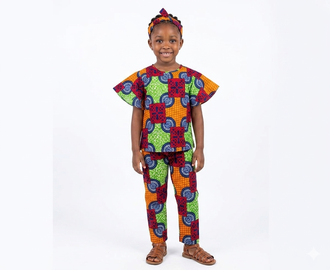 Conjunto Niña Rojo-Verde- Naranja-Azul (Etnia Negra)