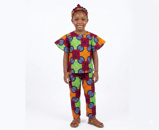 Conjunto Niña Rojo-Verde- Naranja-Azul (Etnia Negra)