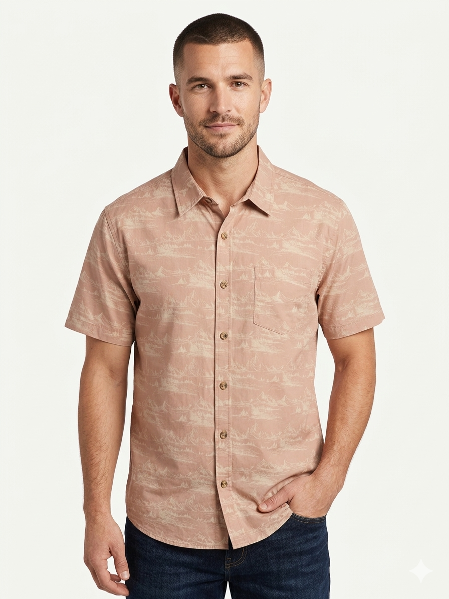Sleeve Full Button UV Shirt w / Aop Dusty Rose