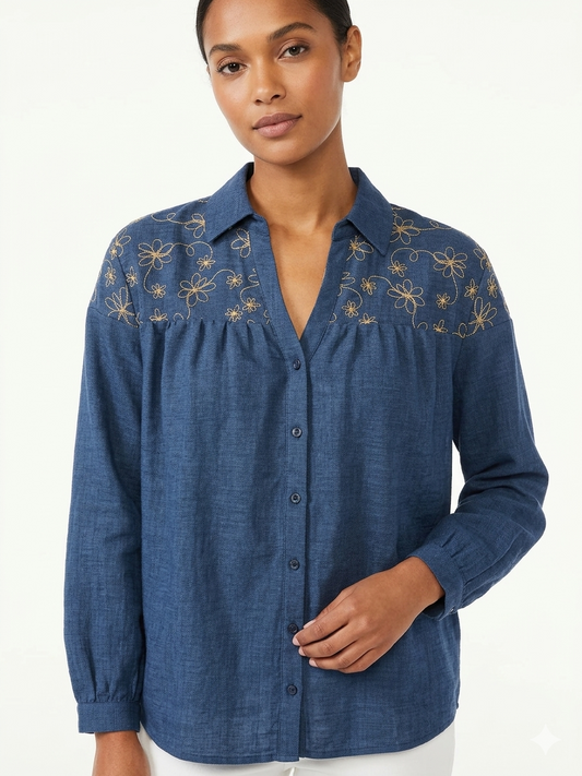 3/4 Embroidered Button Down Dark Denim