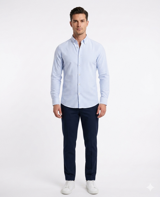 Camisa Celeste con Rayas Blanca Caballero - Estivaneli