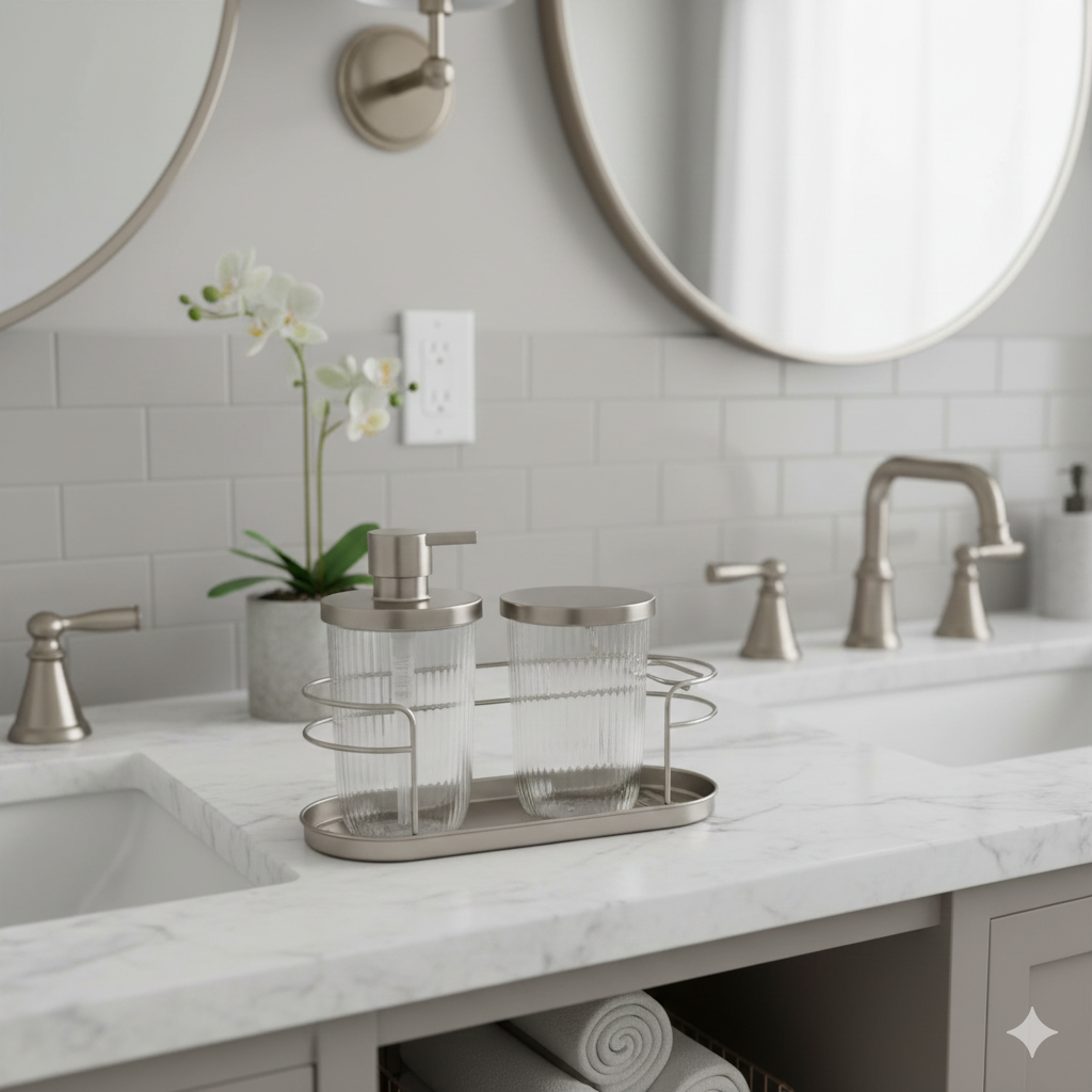 Soap Pump, Canister, Cage TB Holder (Set of 3) Silver