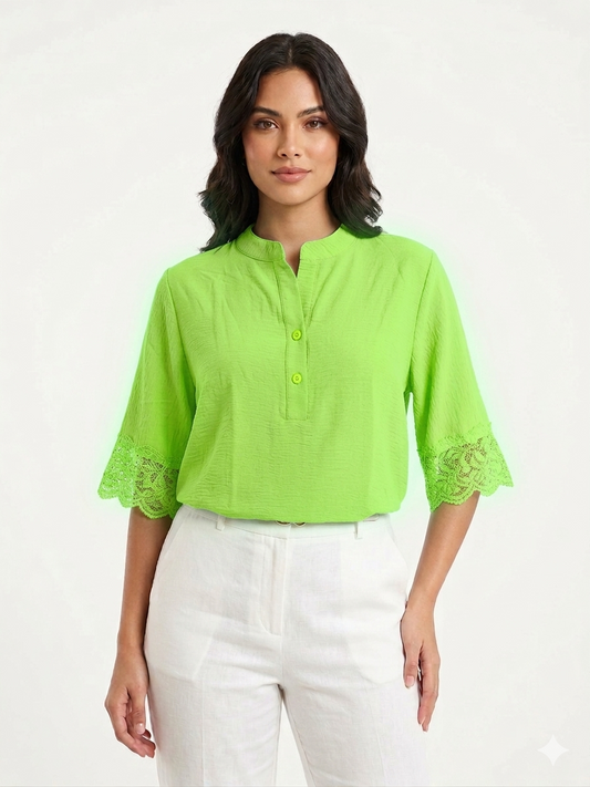 Ladies Air Flow Top, 2 Button Henley Apple- Liz & Lilli