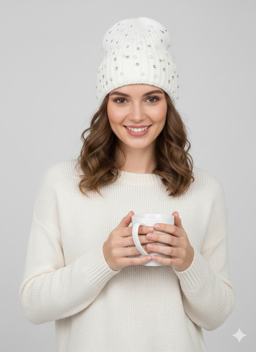 Be jeweled Cuff Hat White