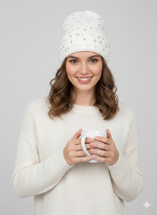 Be jeweled Cuff Hat White