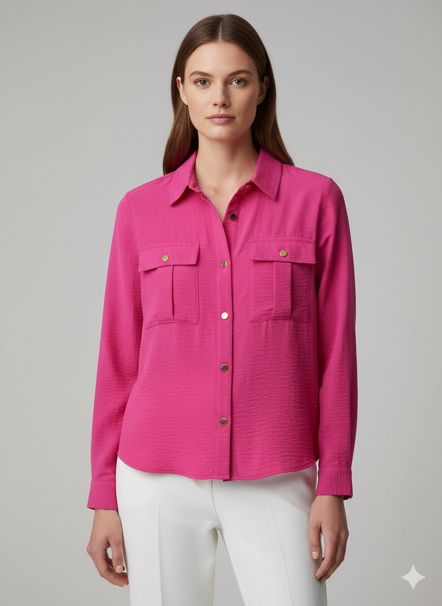 Blouse Gold Button 2 Pocket Pink - Ninety