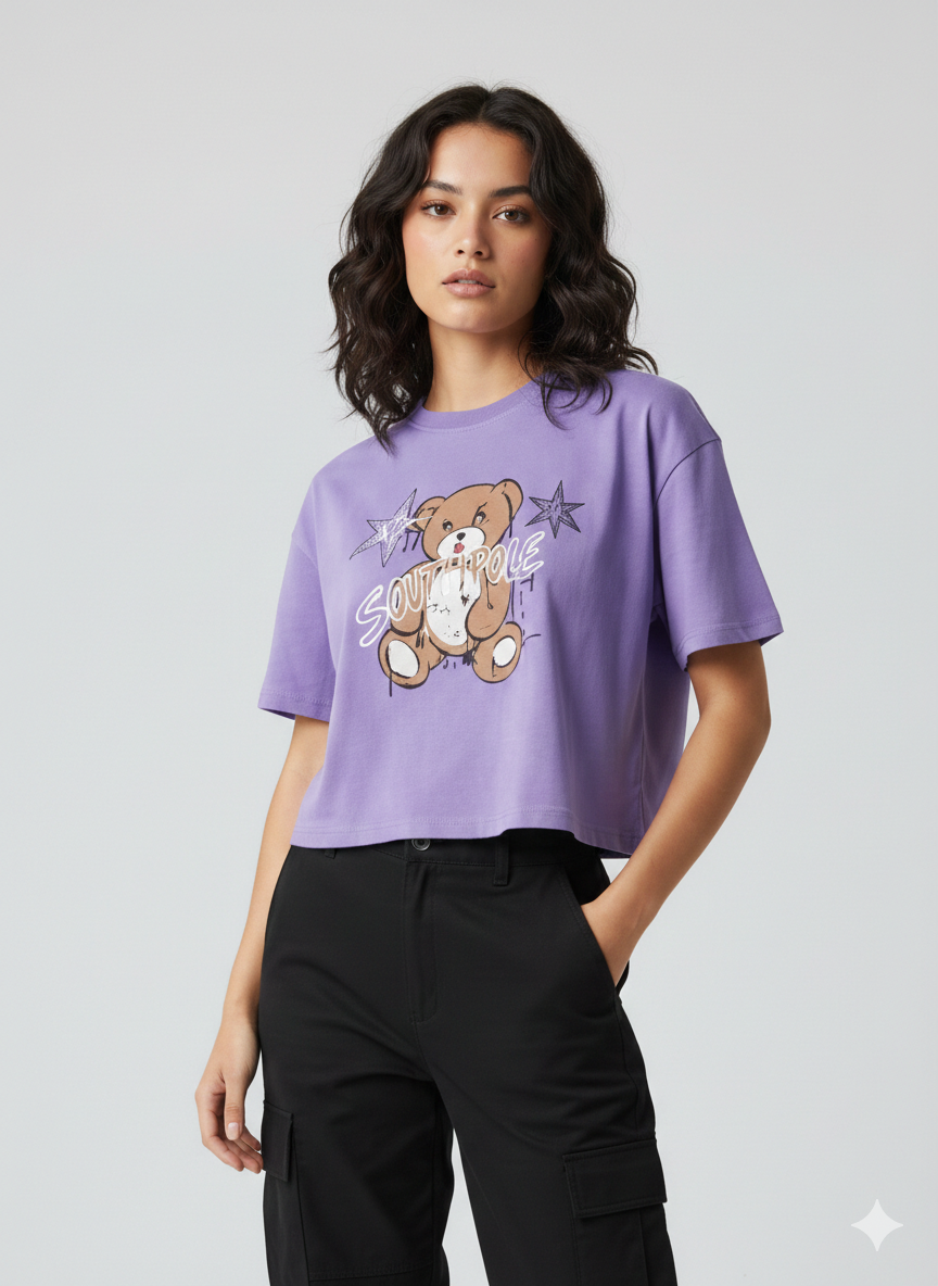 Bear Boxy Crop T-Shirt Purple