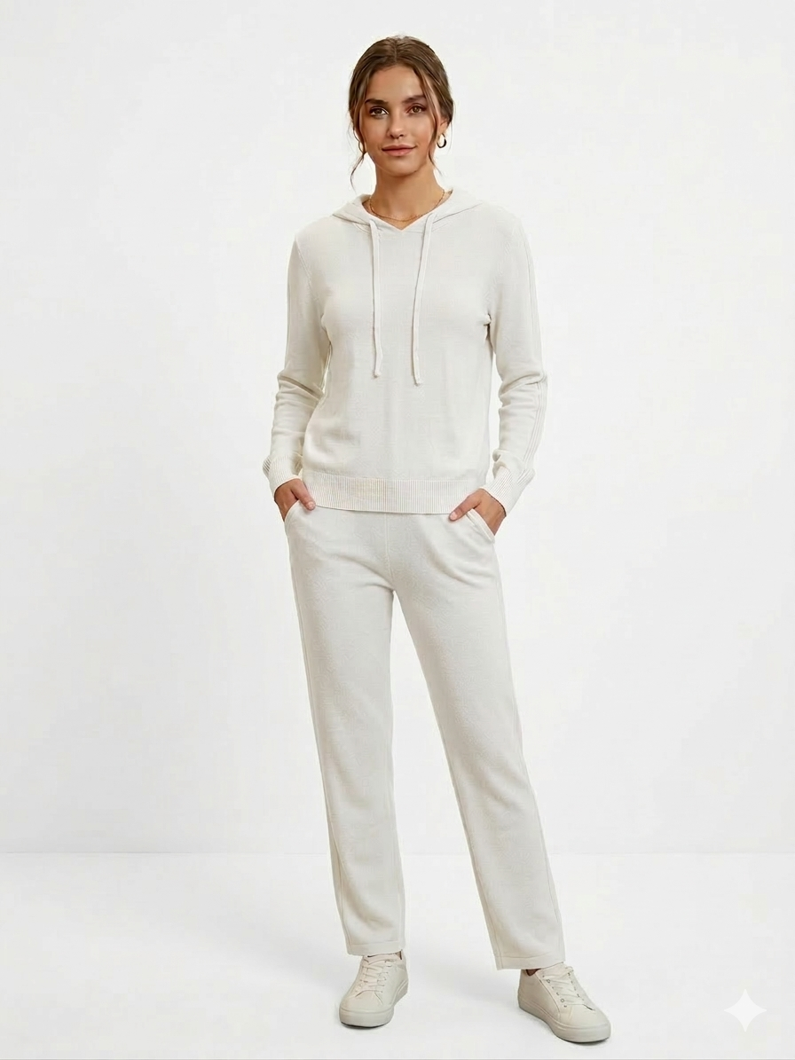 Ladies Stripe Sweater V Neck Top with Pant Set 2 White- Liz & Lilli