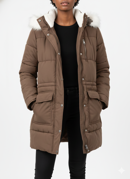 Suede Microfiber Fur Trim Jacket Dark Earth