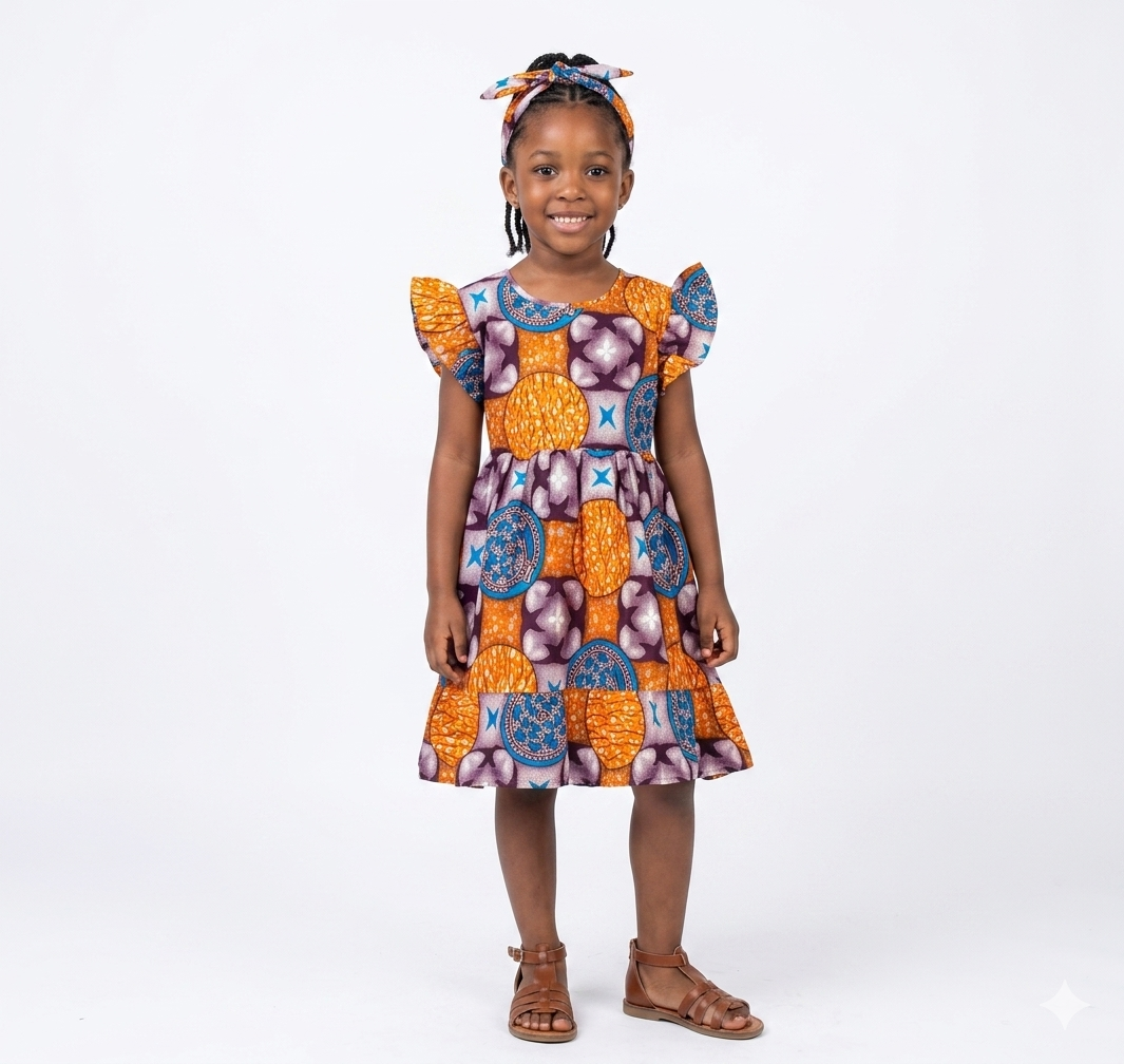 Vestido Niña Chocolate-Azul-Naranja ( Etnia Negra)
