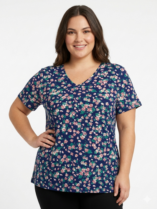 Ladies Plus Size Navy Tops Flowers