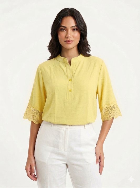 Ladies Air Flow Top, 2 Button Henley Yellow- Liz & Lilli