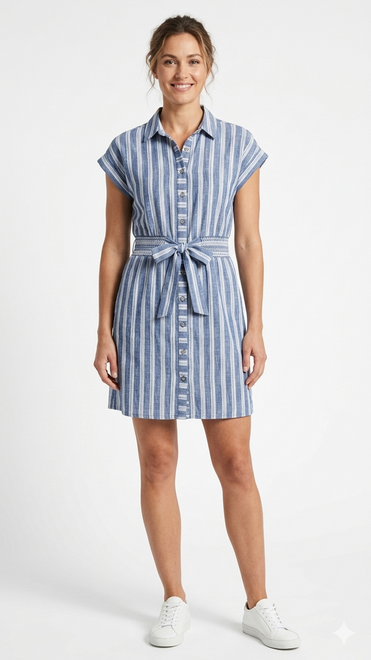 Sleeve Dolman 1/2 Placket Shirt Collar CF Tie w / Smocked Waist Dress Denim/White- Ninety