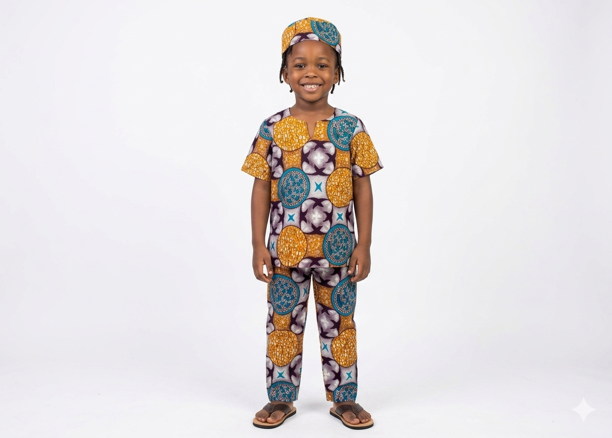 Conjunto Niño Chocolate-Mostaza-Azul (Etnia Negra)