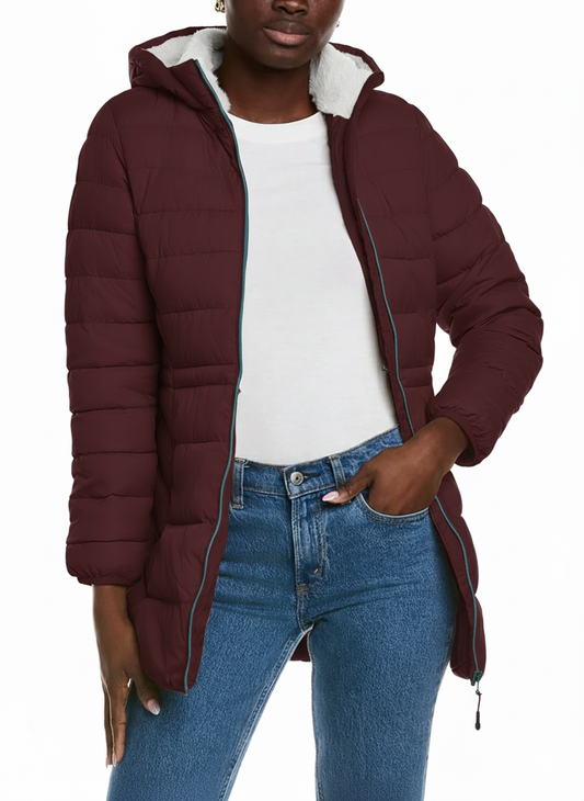 Puffer with Rabbit Fur Collar Oxblood