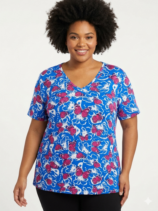 Ladies Plus Size Blue Tops Butterflies Multi