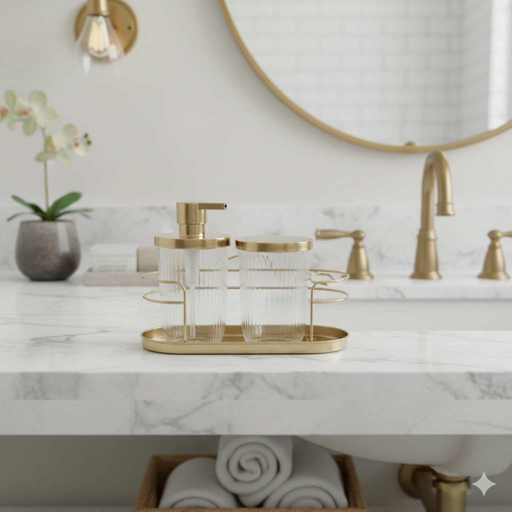 Soap Pump, Canister, Cage TB Holder (Set of 3) Gold