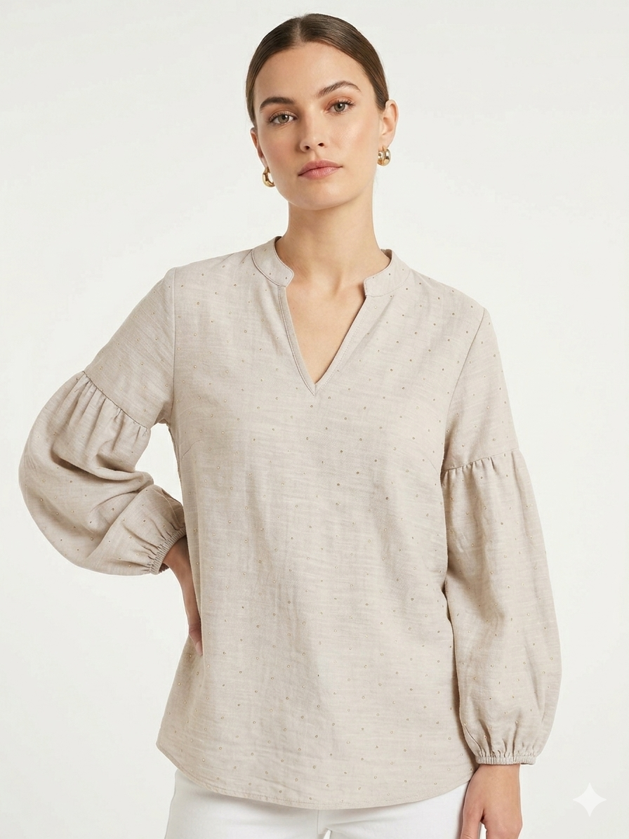3/4 Balloon Sleeve Popover White Sand