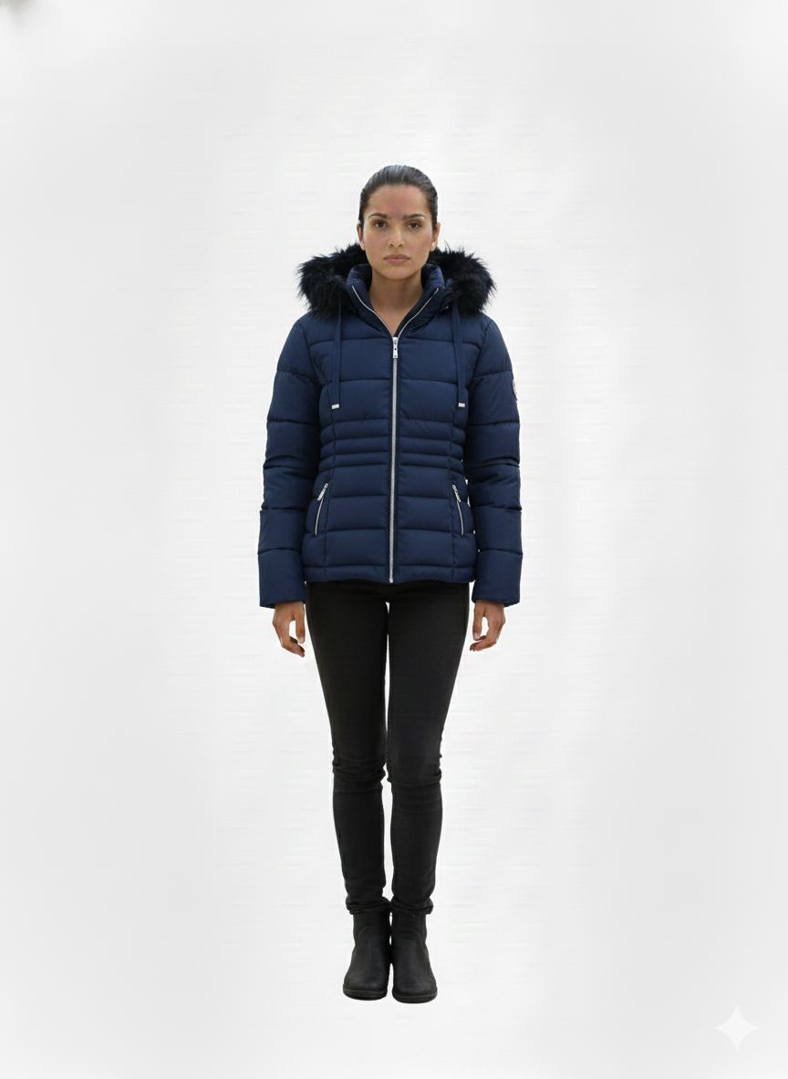 Faux Memory Fur Trim Coat Navy