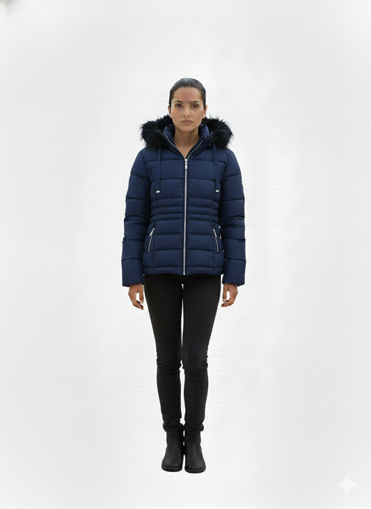 Faux Memory Fur Trim Coat Navy