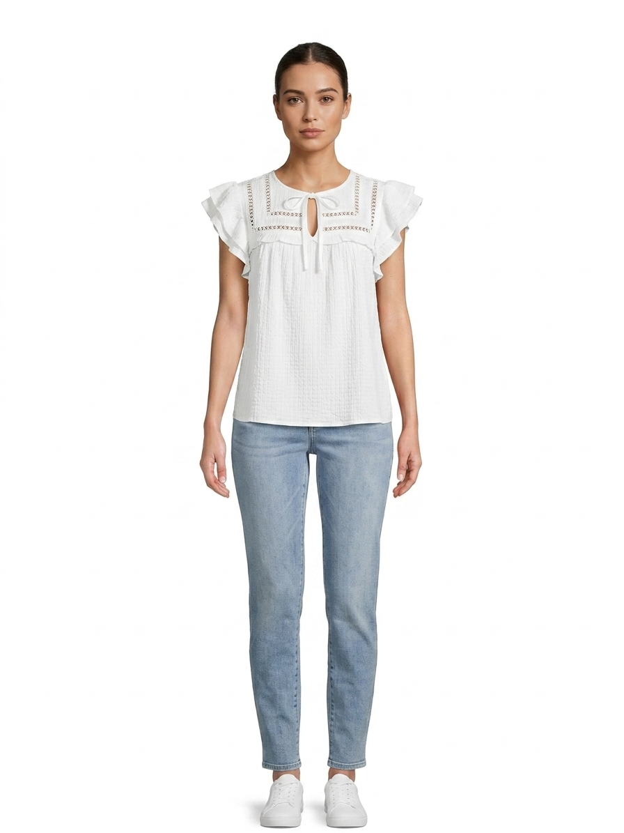 Short Flutter Sleeve Yoke White / Flame Scarlet