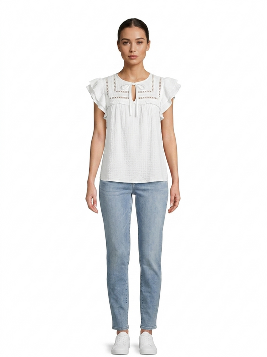 Short Flutter Sleeve Yoke White / Flame Scarlet