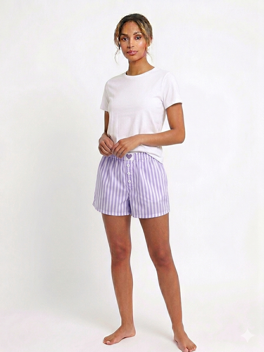 Ladies Woven Shorts W / Patch , Stripes Purple