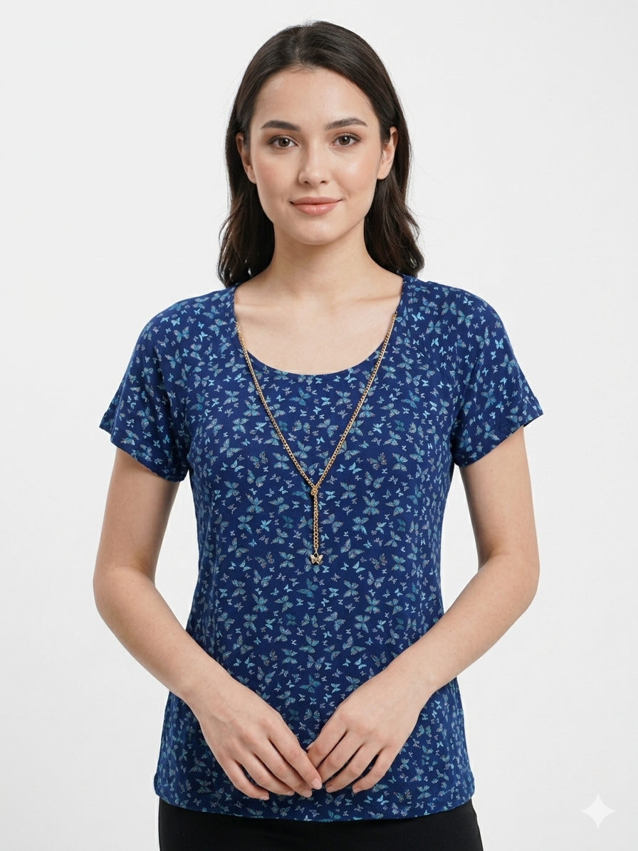 Ladies Chain Blouse Navy Butterfly