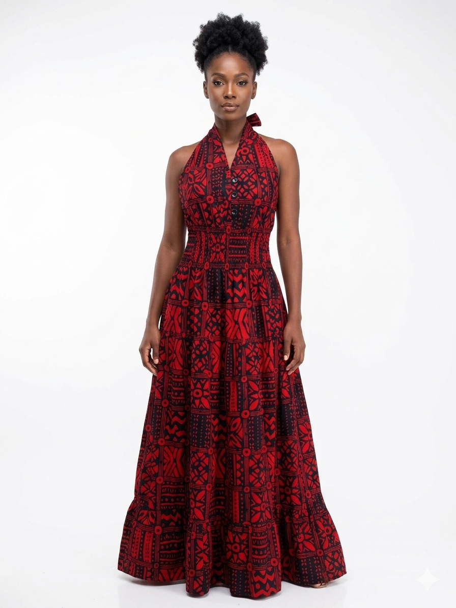 African Red Print Dress Buttons - Etnia Negra