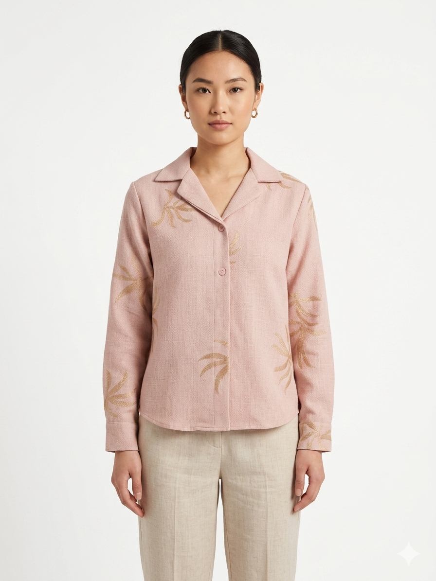 Long Sleeve Embroidered Camp Shirt  Nude Ice Lat
