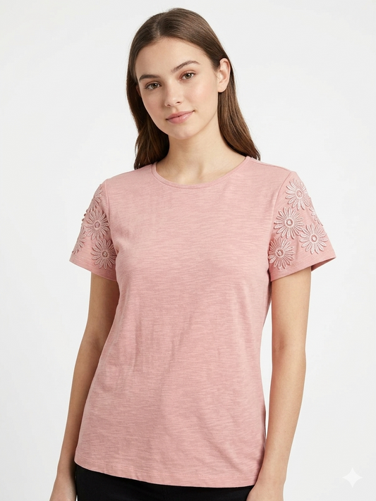 Blouse Short Sleeve Crew Neck To Rose