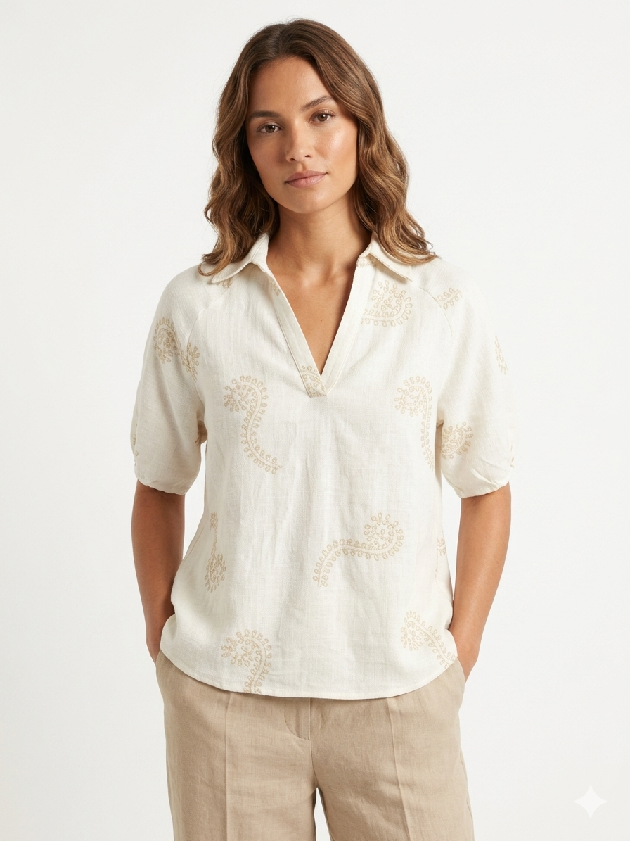 Embroidered 3/4 Sleeve V-Nick Antiq White Khaki