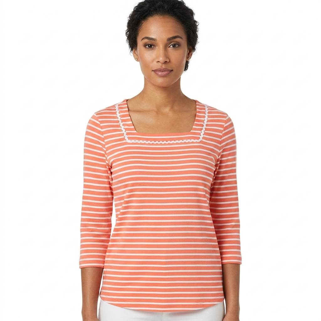 Knit Stripe Trim Square Neck 3/4 Bell Sleeve Top in Chattanooga Orange   - Ruby Rd