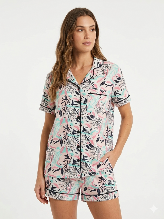 2 PC Short Set Collar Button Front Black with Flowers