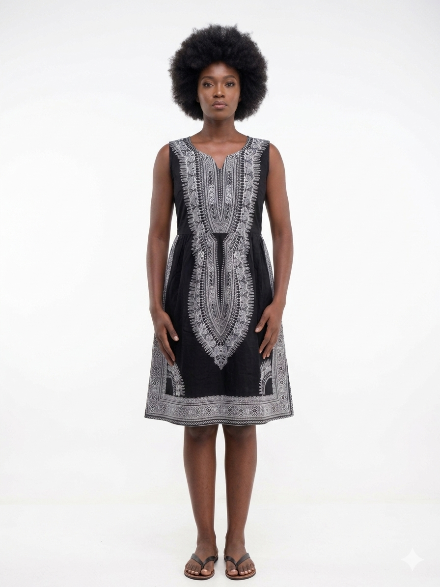 Dress Black-White Print Women - Etnia Negra