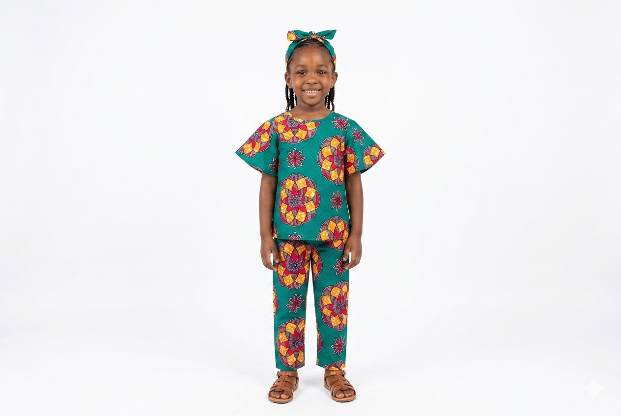 Conjunto Niña Turquesa-Fucsia-Naranja ( Etnia Negra)